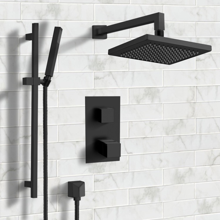 Remer SFR43 Matte Black Thermostatic Shower System with 8 Inch Rain Shower Head and Hand Shower